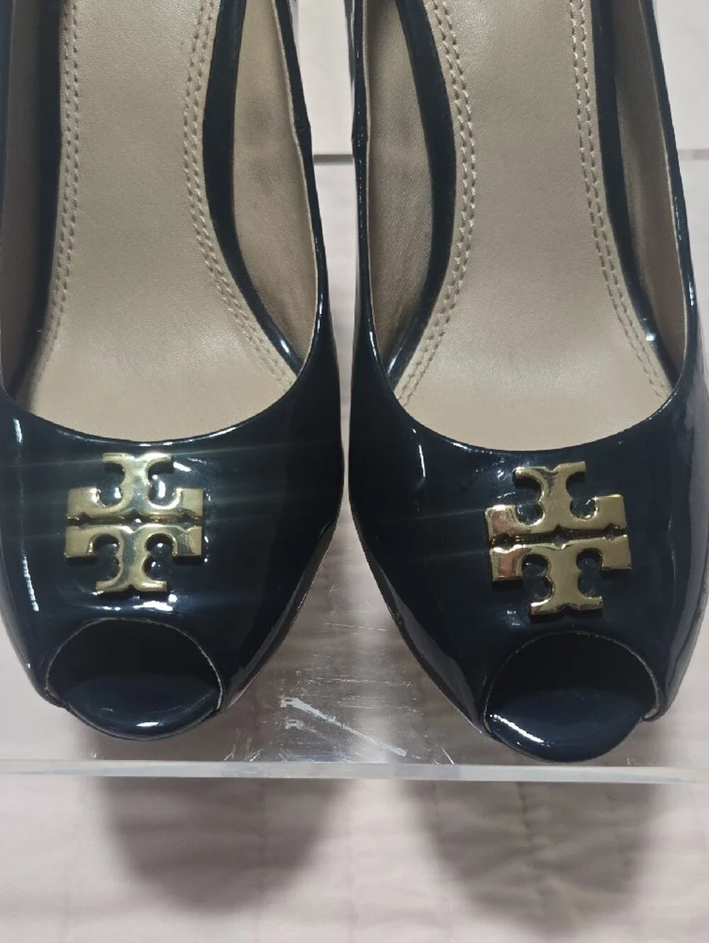 Tory Burch Navy Patent Peep-Toe Wedge with Gold Logo Accent